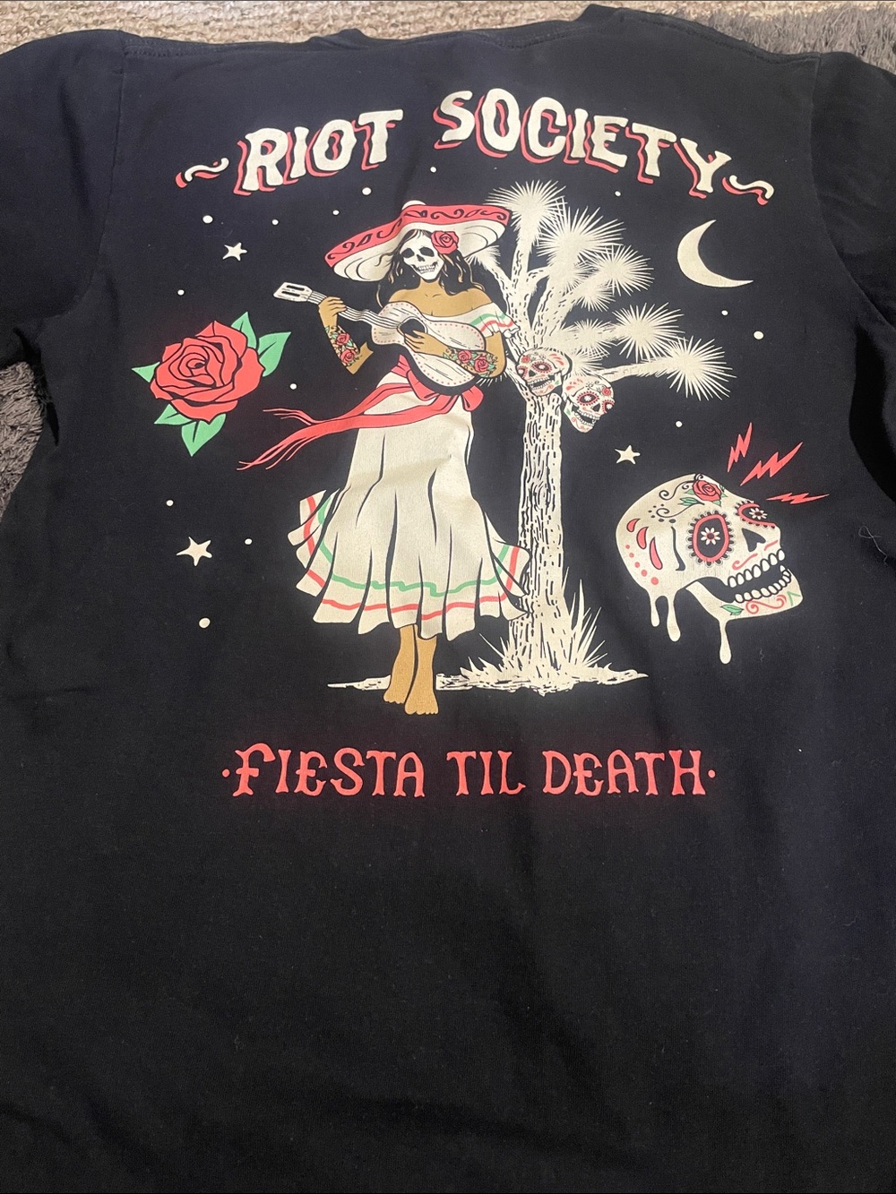 Riot Society Black Tee with Red, White, Green Day of the Dead Graphic